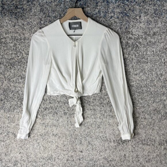 Reformation Shirt Womens 2 White Tie Front Cropped Long Sleeve Made in USA - Picture 1 of 6